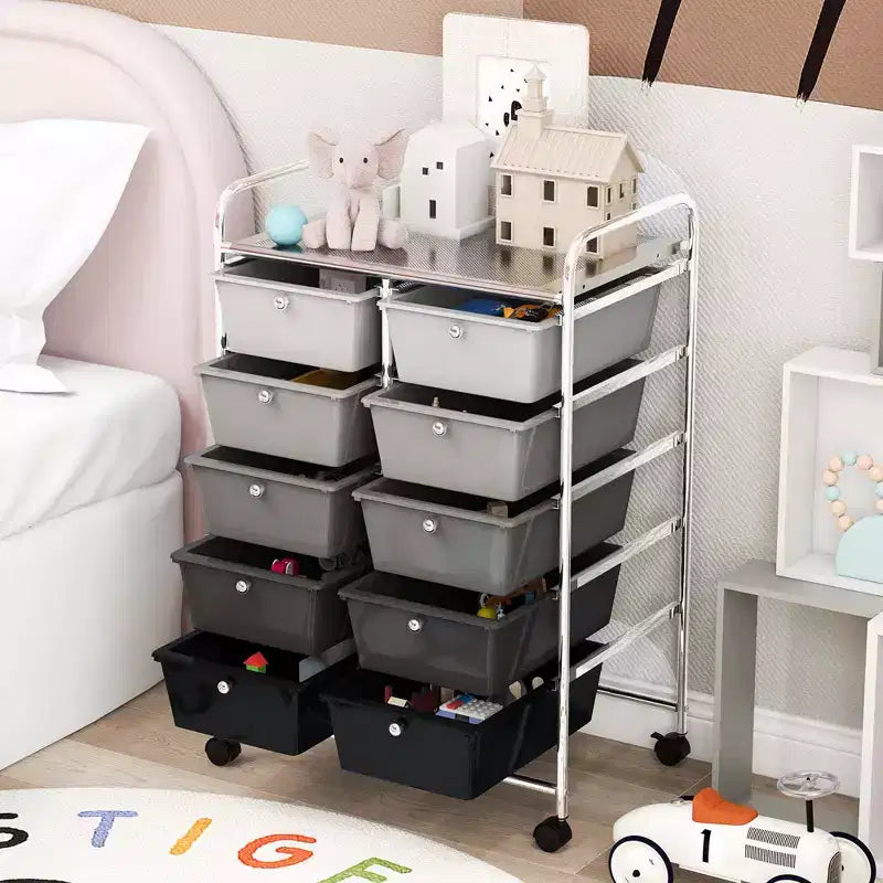 Costway 10-Drawer Storage Cart Utility Rolling Trolley Kitchen Office Organizer Black/Clear/Macaron/Grey/Black Gardient/Multicolor/Pink/RainbowithWhite/Hot Pink/Skin Pink/Purple