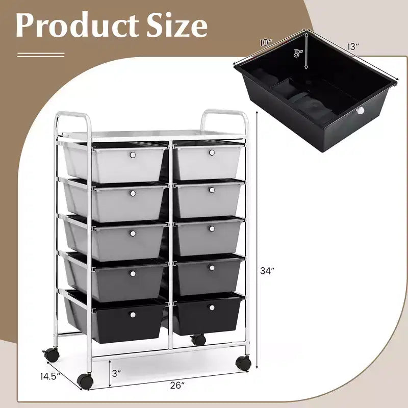 Costway 10-Drawer Storage Cart Utility Rolling Trolley Kitchen Office Organizer Black/Clear/Macaron/Grey/Black Gardient/Multicolor/Pink/RainbowithWhite/Hot Pink/Skin Pink/Purple
