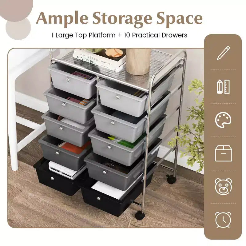 Costway 10-Drawer Storage Cart Utility Rolling Trolley Kitchen Office Organizer Black/Clear/Macaron/Grey/Black Gardient/Multicolor/Pink/RainbowithWhite/Hot Pink/Skin Pink/Purple