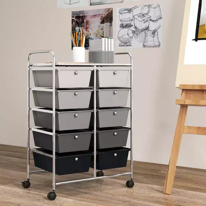 Costway 10-Drawer Storage Cart Utility Rolling Trolley Kitchen Office Organizer Black/Clear/Macaron/Grey/Black Gardient/Multicolor/Pink/RainbowithWhite/Hot Pink/Skin Pink/Purple