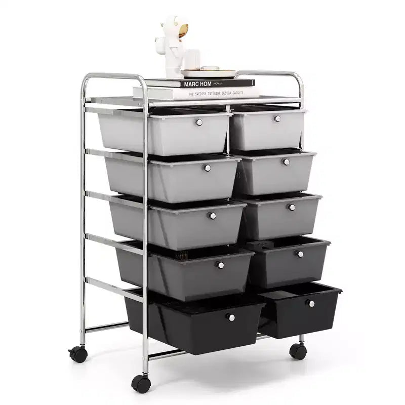 Costway 10-Drawer Storage Cart Utility Rolling Trolley Kitchen Office Organizer Black/Clear/Macaron/Grey/Black Gardient/Multicolor/Pink/RainbowithWhite/Hot Pink/Skin Pink/Purple
