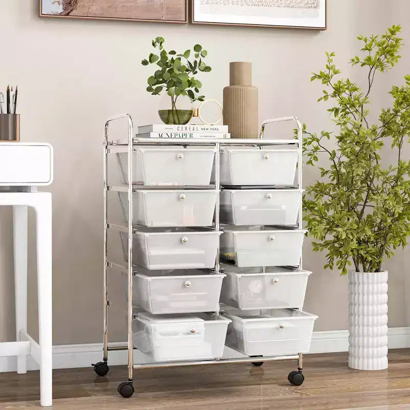 Costway 10-Drawer Storage Cart Utility Rolling Trolley Kitchen Office Organizer Black/Clear/Macaron/Grey/Black Gardient/Multicolor/Pink/RainbowithWhite/Hot Pink/Skin Pink/Purple
