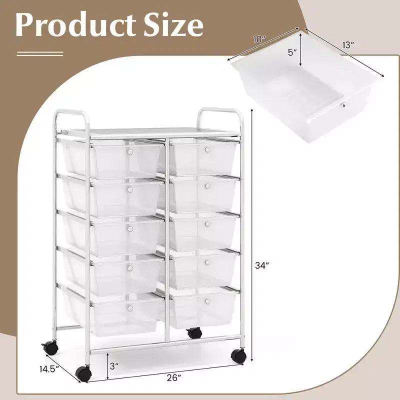 Costway 10-Drawer Storage Cart Utility Rolling Trolley Kitchen Office Organizer Black/Clear/Macaron/Grey/Black Gardient/Multicolor/Pink/RainbowithWhite/Hot Pink/Skin Pink/Purple