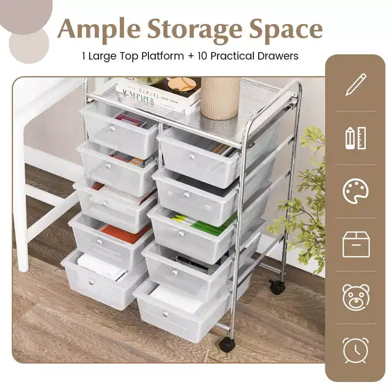 Costway 10-Drawer Storage Cart Utility Rolling Trolley Kitchen Office Organizer Black/Clear/Macaron/Grey/Black Gardient/Multicolor/Pink/RainbowithWhite/Hot Pink/Skin Pink/Purple