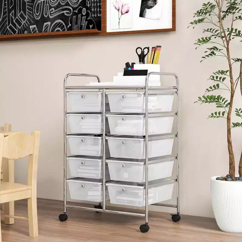 Costway 10-Drawer Storage Cart Utility Rolling Trolley Kitchen Office Organizer Black/Clear/Macaron/Grey/Black Gardient/Multicolor/Pink/RainbowithWhite/Hot Pink/Skin Pink/Purple