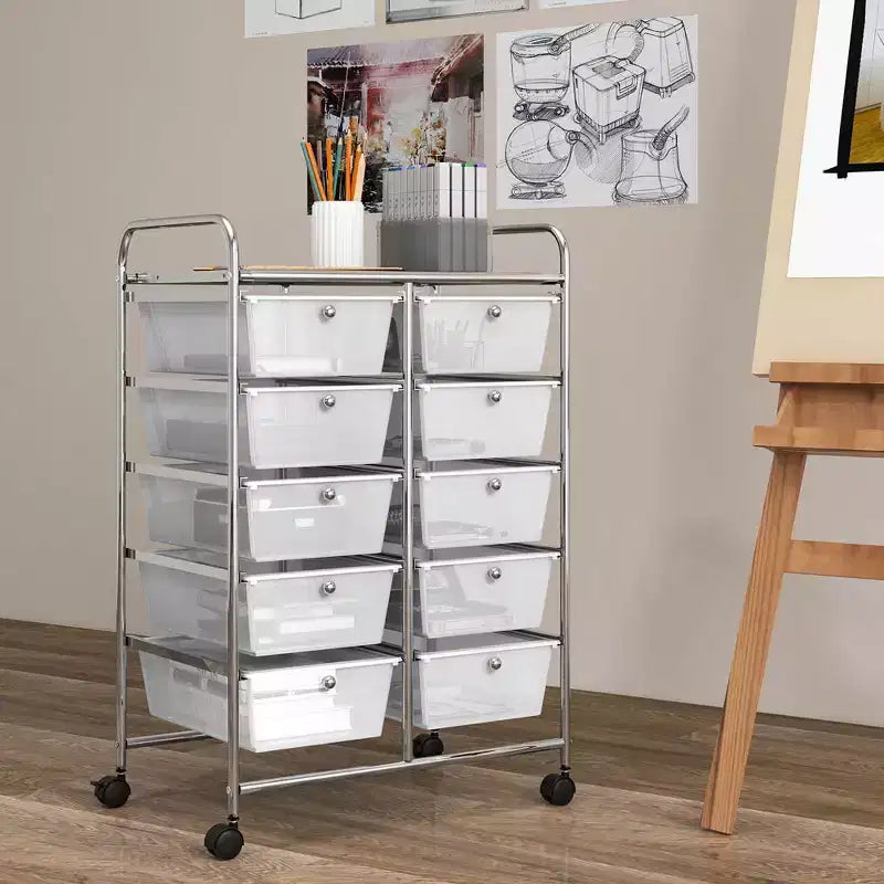 Costway 10-Drawer Storage Cart Utility Rolling Trolley Kitchen Office Organizer Black/Clear/Macaron/Grey/Black Gardient/Multicolor/Pink/RainbowithWhite/Hot Pink/Skin Pink/Purple