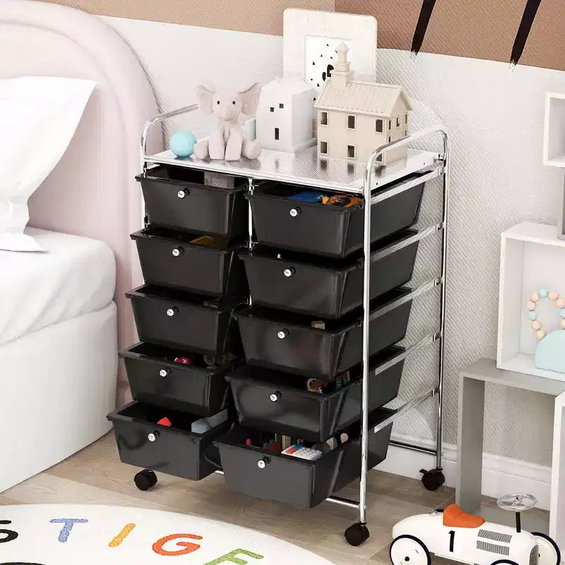 Costway 10-Drawer Storage Cart Utility Rolling Trolley Kitchen Office Organizer Black/Clear/Macaron/Grey/Black Gardient/Multicolor/Pink/RainbowithWhite/Hot Pink/Skin Pink/Purple