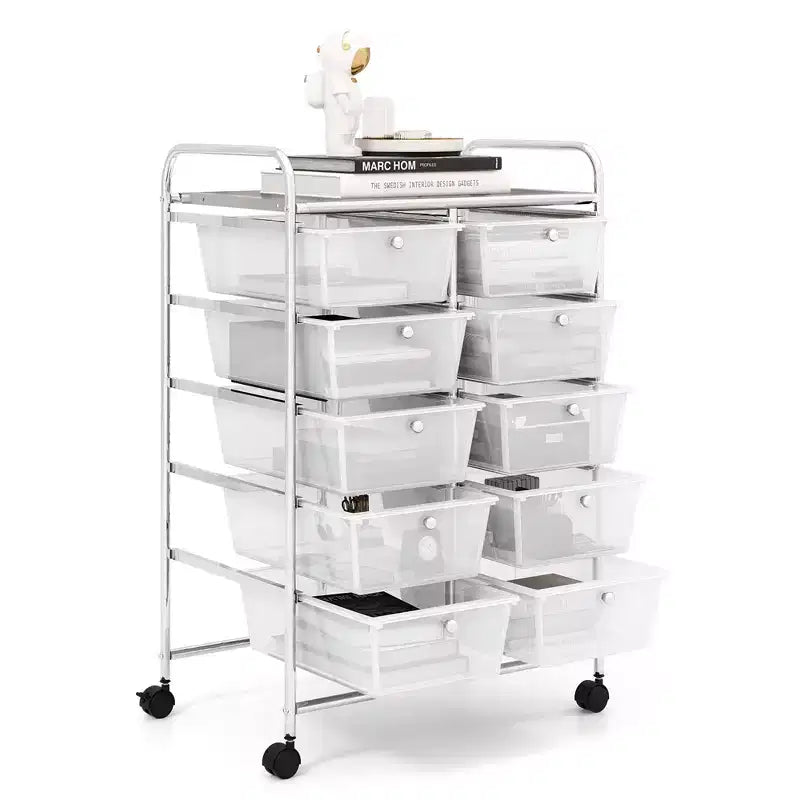 Costway 10-Drawer Storage Cart Utility Rolling Trolley Kitchen Office Organizer Black/Clear/Macaron/Grey/Black Gardient/Multicolor/Pink/RainbowithWhite/Hot Pink/Skin Pink/Purple