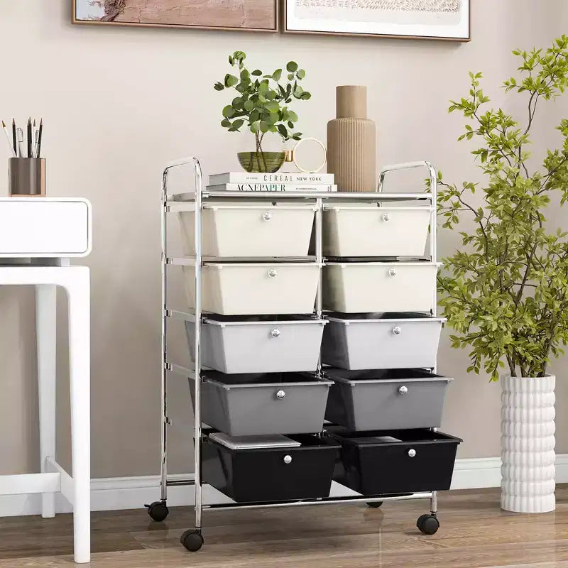 Costway 10-Drawer Storage Cart Utility Rolling Trolley Kitchen Office Organizer Black/Clear/Macaron/Grey/Black Gardient/Multicolor/Pink/RainbowithWhite/Hot Pink/Skin Pink/Purple