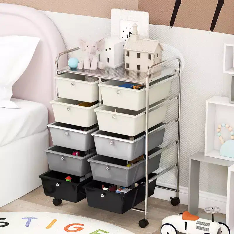 Costway 10-Drawer Storage Cart Utility Rolling Trolley Kitchen Office Organizer Black/Clear/Macaron/Grey/Black Gardient/Multicolor/Pink/RainbowithWhite/Hot Pink/Skin Pink/Purple
