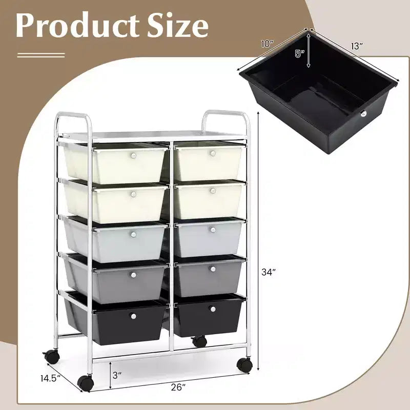 Costway 10-Drawer Storage Cart Utility Rolling Trolley Kitchen Office Organizer Black/Clear/Macaron/Grey/Black Gardient/Multicolor/Pink/RainbowithWhite/Hot Pink/Skin Pink/Purple