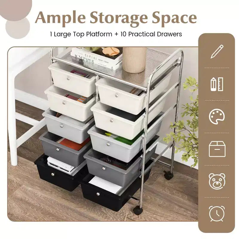 Costway 10-Drawer Storage Cart Utility Rolling Trolley Kitchen Office Organizer Black/Clear/Macaron/Grey/Black Gardient/Multicolor/Pink/RainbowithWhite/Hot Pink/Skin Pink/Purple