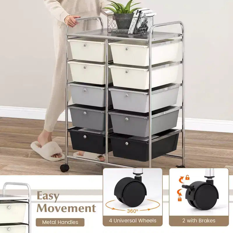 Costway 10-Drawer Storage Cart Utility Rolling Trolley Kitchen Office Organizer Black/Clear/Macaron/Grey/Black Gardient/Multicolor/Pink/RainbowithWhite/Hot Pink/Skin Pink/Purple