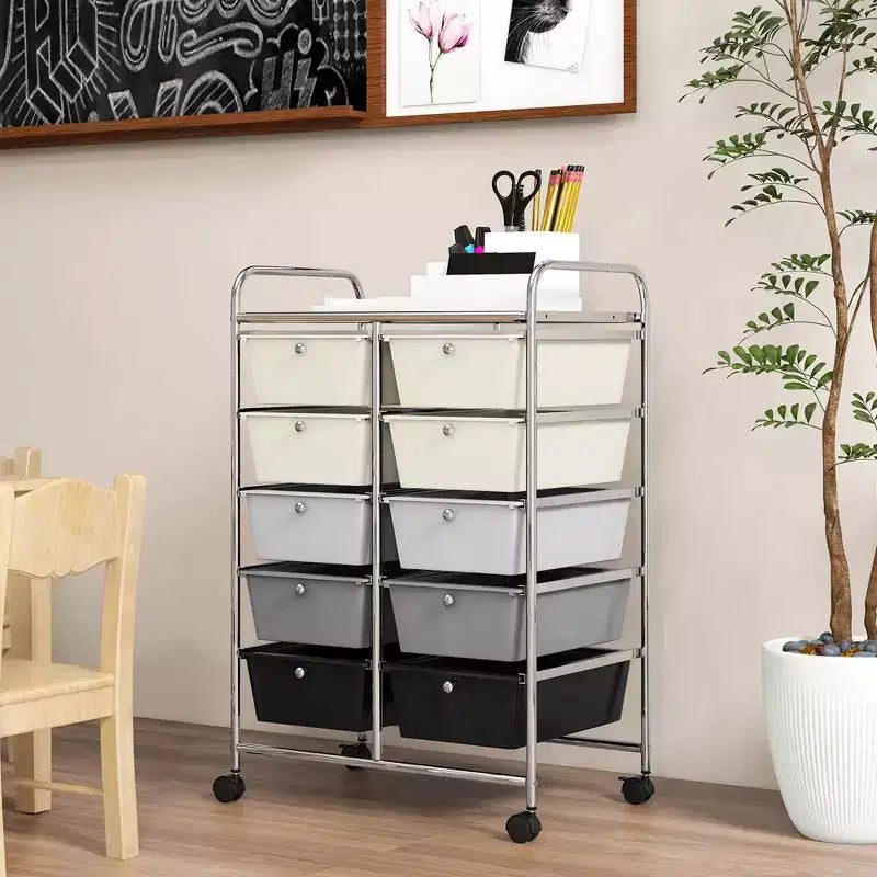 Costway 10-Drawer Storage Cart Utility Rolling Trolley Kitchen Office Organizer Black/Clear/Macaron/Grey/Black Gardient/Multicolor/Pink/RainbowithWhite/Hot Pink/Skin Pink/Purple