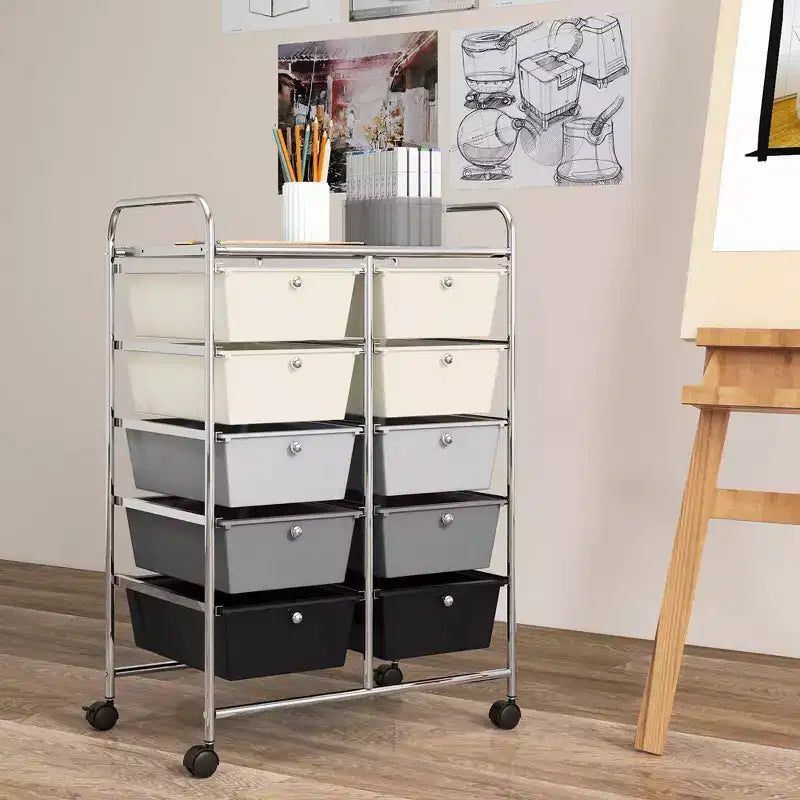 Costway 10-Drawer Storage Cart Utility Rolling Trolley Kitchen Office Organizer Black/Clear/Macaron/Grey/Black Gardient/Multicolor/Pink/RainbowithWhite/Hot Pink/Skin Pink/Purple