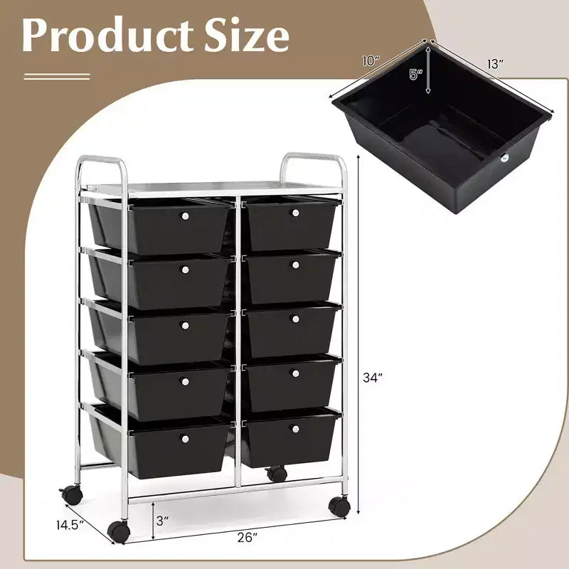 Costway 10-Drawer Storage Cart Utility Rolling Trolley Kitchen Office Organizer Black/Clear/Macaron/Grey/Black Gardient/Multicolor/Pink/RainbowithWhite/Hot Pink/Skin Pink/Purple