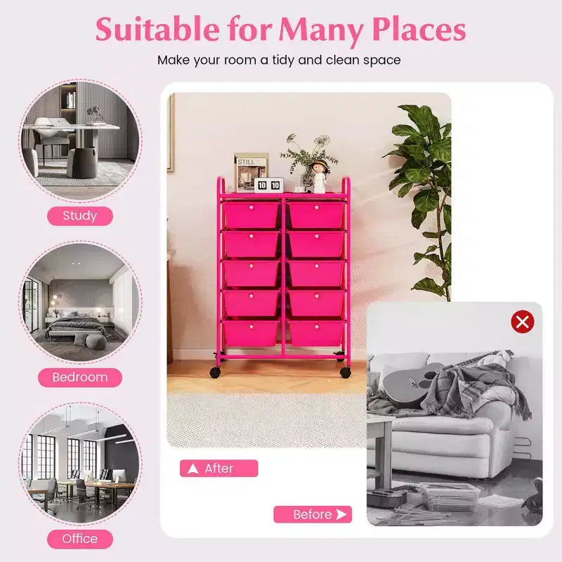 Costway 10-Drawer Storage Cart Utility Rolling Trolley Kitchen Office Organizer Black/Clear/Macaron/Grey/Black Gardient/Multicolor/Pink/RainbowithWhite/Hot Pink/Skin Pink/Purple