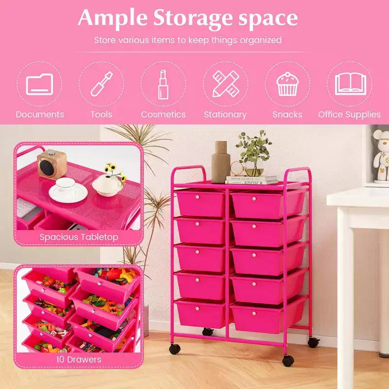 Costway 10-Drawer Storage Cart Utility Rolling Trolley Kitchen Office Organizer Black/Clear/Macaron/Grey/Black Gardient/Multicolor/Pink/RainbowithWhite/Hot Pink/Skin Pink/Purple