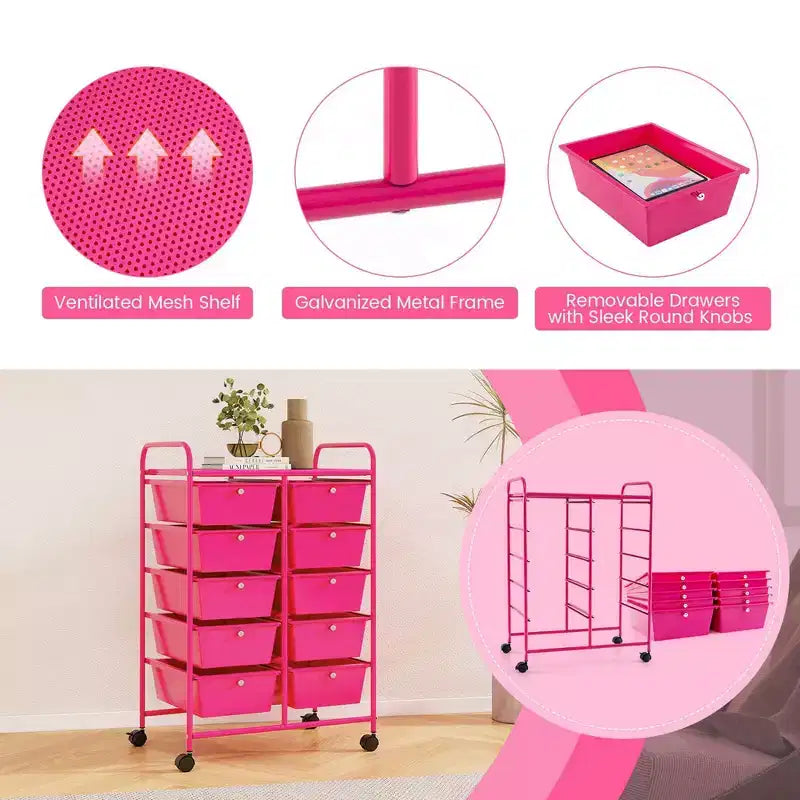 Costway 10-Drawer Storage Cart Utility Rolling Trolley Kitchen Office Organizer Black/Clear/Macaron/Grey/Black Gardient/Multicolor/Pink/RainbowithWhite/Hot Pink/Skin Pink/Purple
