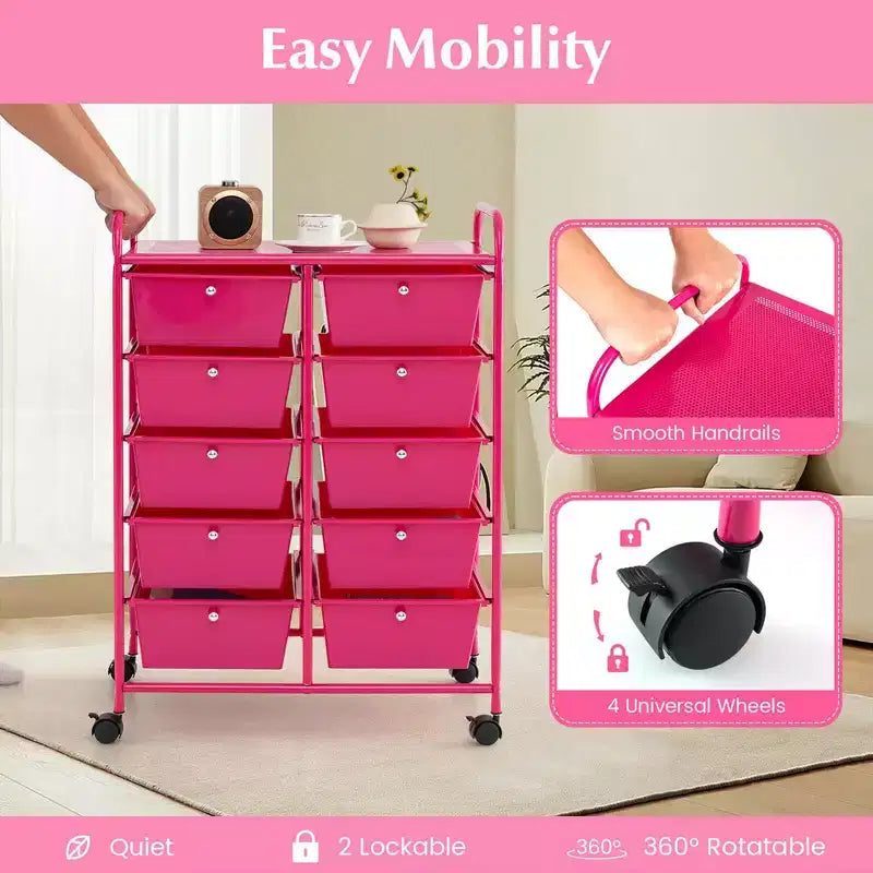 Costway 10-Drawer Storage Cart Utility Rolling Trolley Kitchen Office Organizer Black/Clear/Macaron/Grey/Black Gardient/Multicolor/Pink/RainbowithWhite/Hot Pink/Skin Pink/Purple