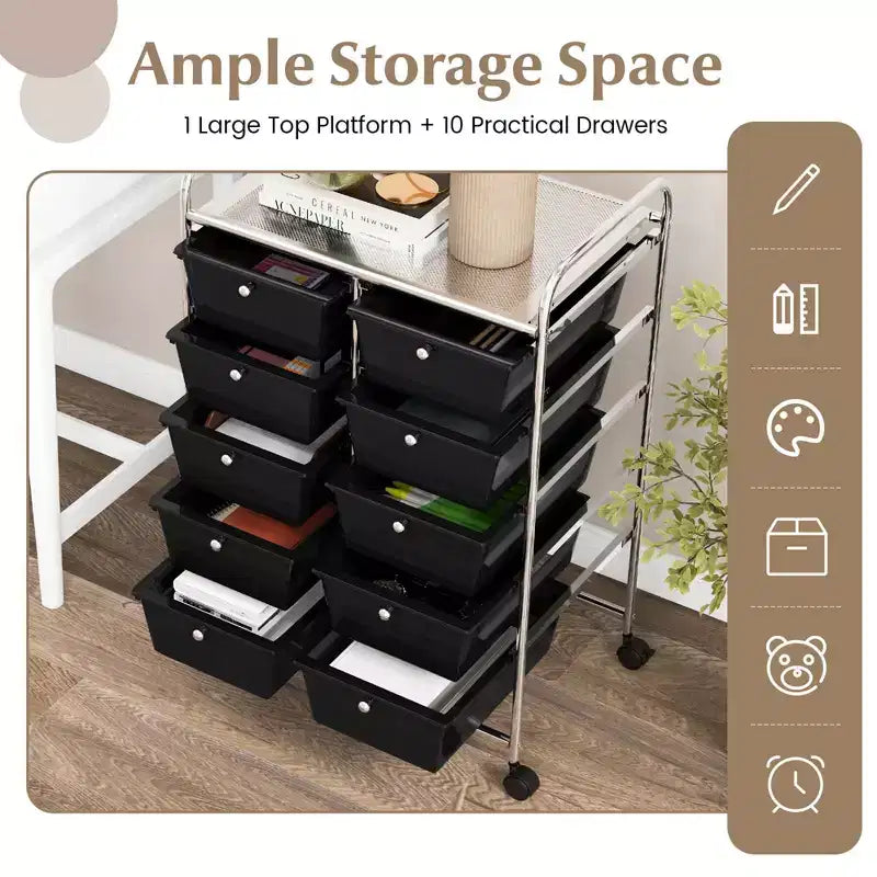 Costway 10-Drawer Storage Cart Utility Rolling Trolley Kitchen Office Organizer Black/Clear/Macaron/Grey/Black Gardient/Multicolor/Pink/RainbowithWhite/Hot Pink/Skin Pink/Purple