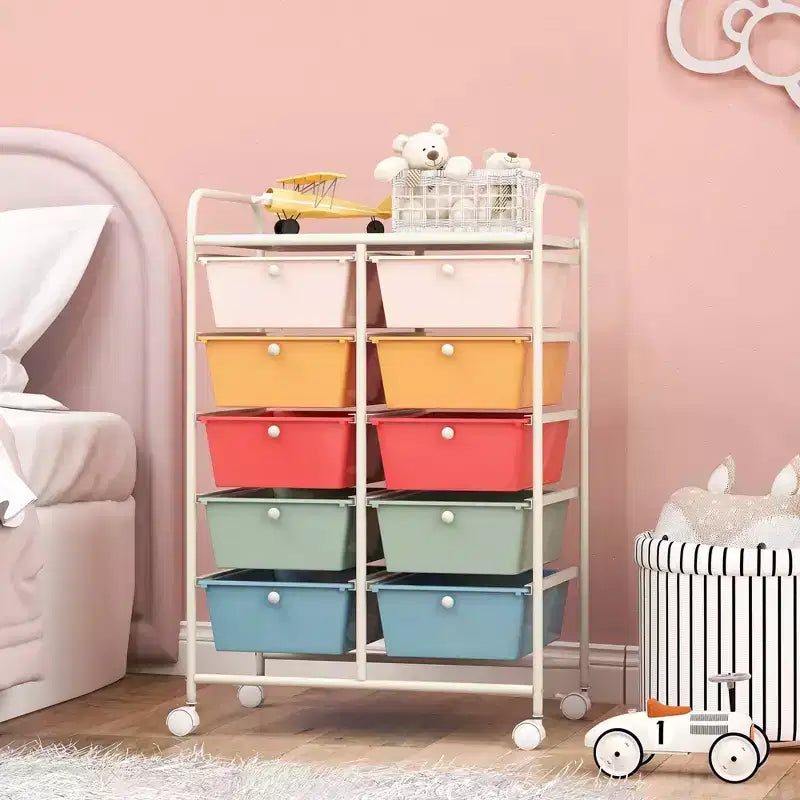 Costway 10-Drawer Storage Cart Utility Rolling Trolley Kitchen Office Organizer Black/Clear/Macaron/Grey/Black Gardient/Multicolor/Pink/RainbowithWhite/Hot Pink/Skin Pink/Purple