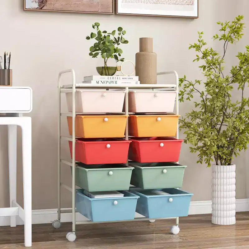 Costway 10-Drawer Storage Cart Utility Rolling Trolley Kitchen Office Organizer Black/Clear/Macaron/Grey/Black Gardient/Multicolor/Pink/RainbowithWhite/Hot Pink/Skin Pink/Purple
