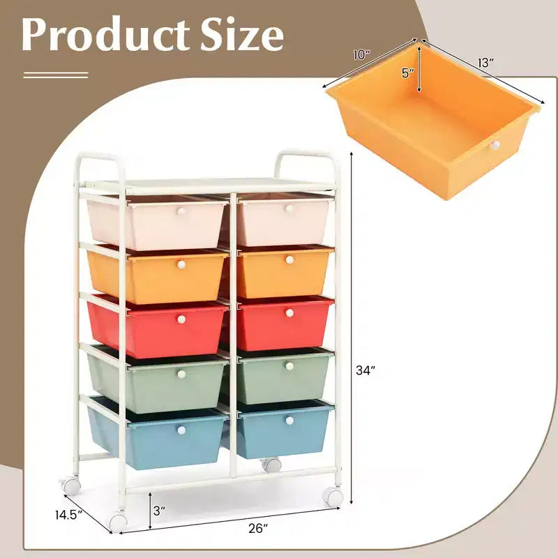 Costway 10-Drawer Storage Cart Utility Rolling Trolley Kitchen Office Organizer Black/Clear/Macaron/Grey/Black Gardient/Multicolor/Pink/RainbowithWhite/Hot Pink/Skin Pink/Purple