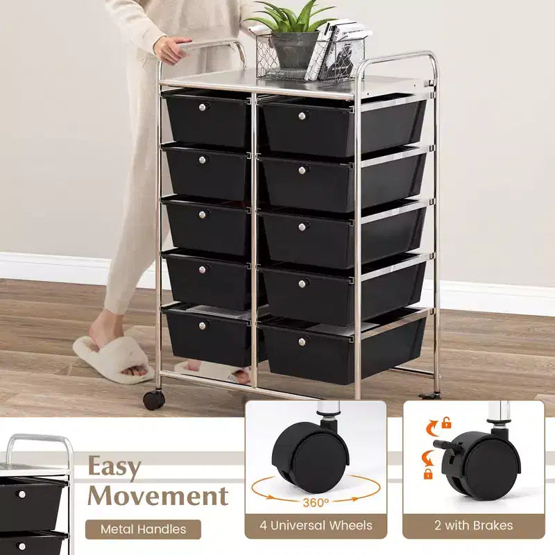 Costway 10-Drawer Storage Cart Utility Rolling Trolley Kitchen Office Organizer Black/Clear/Macaron/Grey/Black Gardient/Multicolor/Pink/RainbowithWhite/Hot Pink/Skin Pink/Purple
