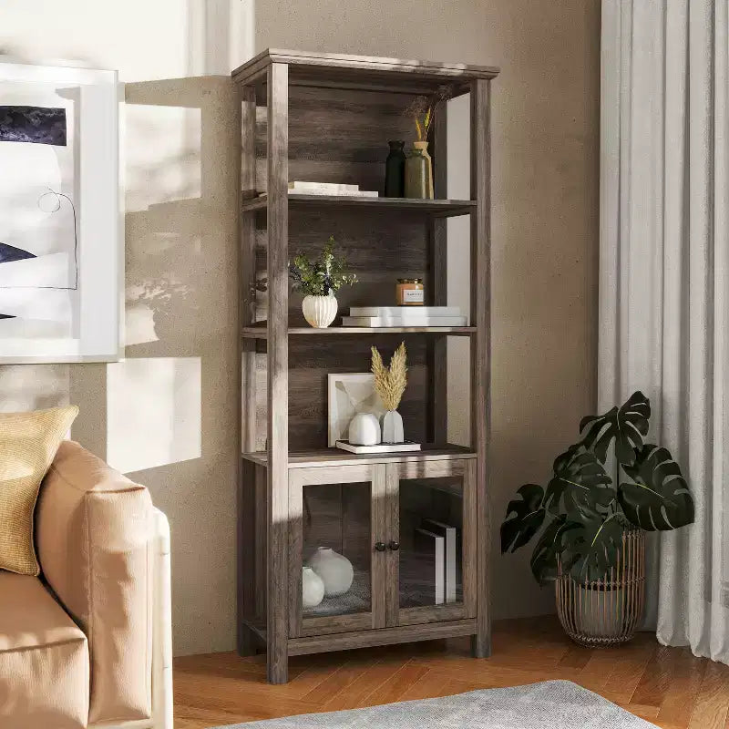 Flash Furniture Stella Modern Farmhouse Wooden Bookcase and Storage Cabinet with Tempered Glass Doors and 3 Upper Shelves