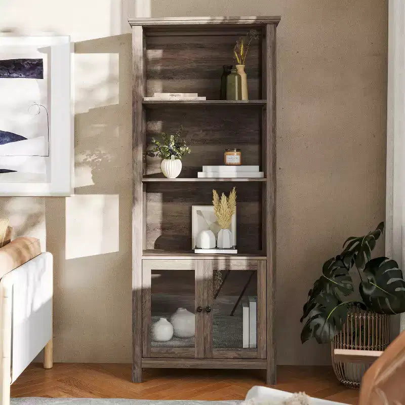 Flash Furniture Stella Modern Farmhouse Wooden Bookcase and Storage Cabinet with Tempered Glass Doors and 3 Upper Shelves