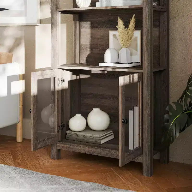 Flash Furniture Stella Modern Farmhouse Wooden Bookcase and Storage Cabinet with Tempered Glass Doors and 3 Upper Shelves