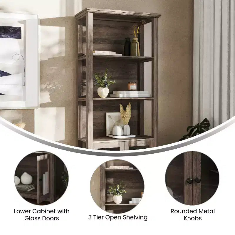 Flash Furniture Stella Modern Farmhouse Wooden Bookcase and Storage Cabinet with Tempered Glass Doors and 3 Upper Shelves