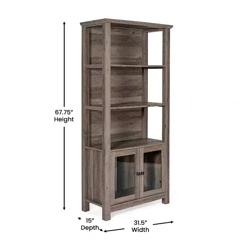Flash Furniture Stella Modern Farmhouse Wooden Bookcase and Storage Cabinet with Tempered Glass Doors and 3 Upper Shelves