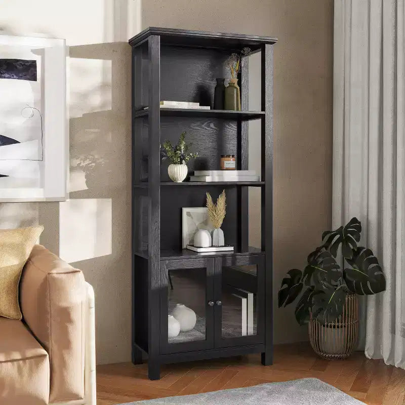 Flash Furniture Stella Modern Farmhouse Wooden Bookcase and Storage Cabinet with Tempered Glass Doors and 3 Upper Shelves