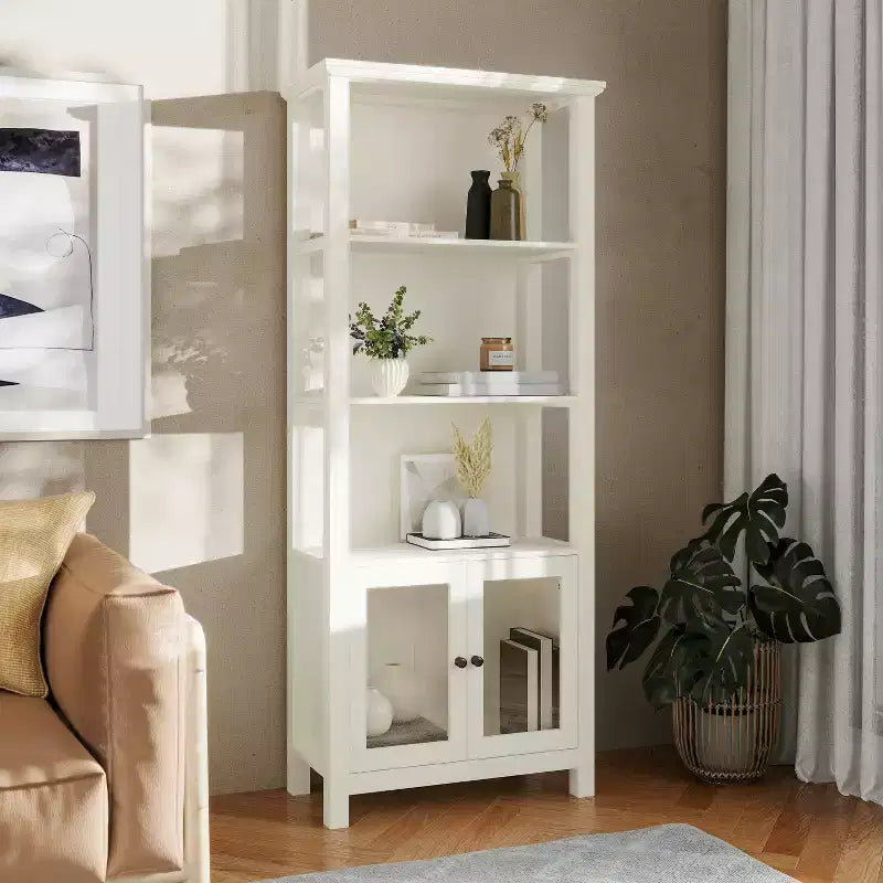 Flash Furniture Stella Modern Farmhouse Wooden Bookcase and Storage Cabinet with Tempered Glass Doors and 3 Upper Shelves