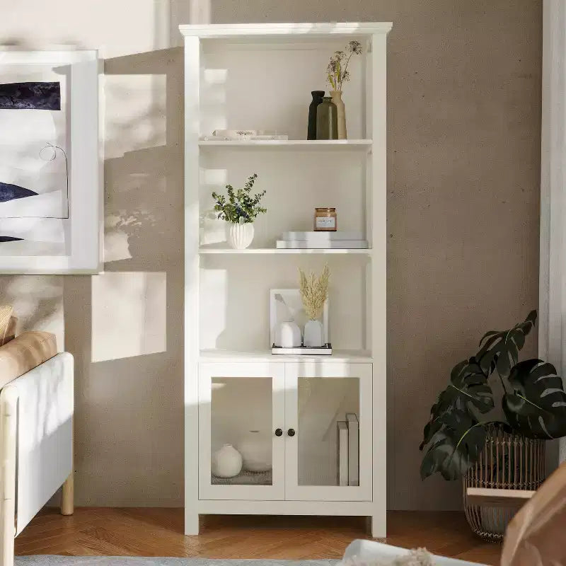 Flash Furniture Stella Modern Farmhouse Wooden Bookcase and Storage Cabinet with Tempered Glass Doors and 3 Upper Shelves