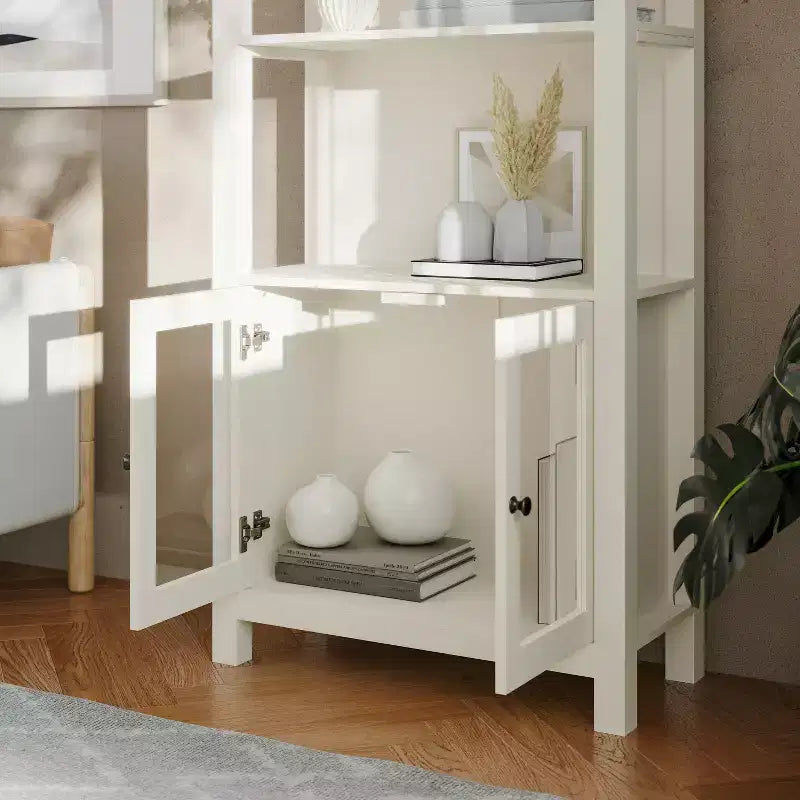 Flash Furniture Stella Modern Farmhouse Wooden Bookcase and Storage Cabinet with Tempered Glass Doors and 3 Upper Shelves