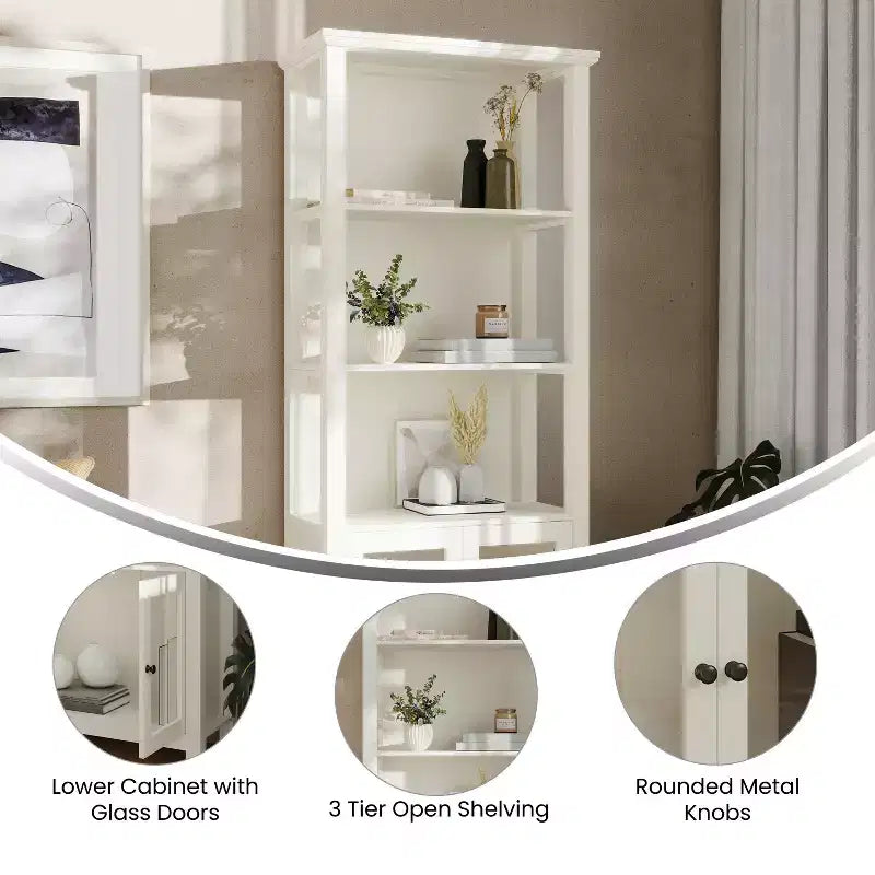Flash Furniture Stella Modern Farmhouse Wooden Bookcase and Storage Cabinet with Tempered Glass Doors and 3 Upper Shelves