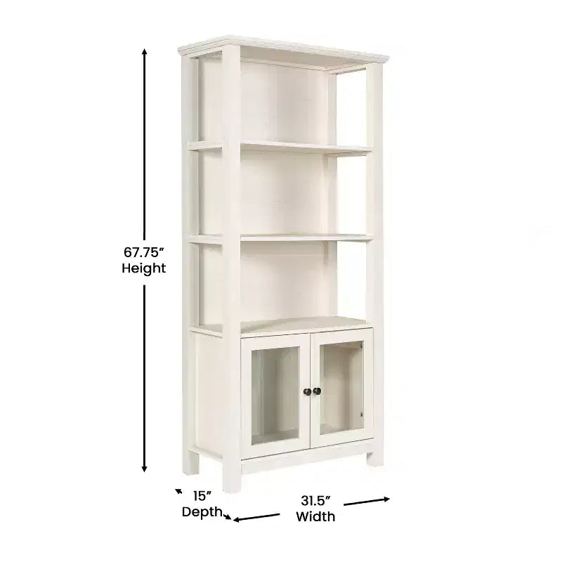 Flash Furniture Stella Modern Farmhouse Wooden Bookcase and Storage Cabinet with Tempered Glass Doors and 3 Upper Shelves