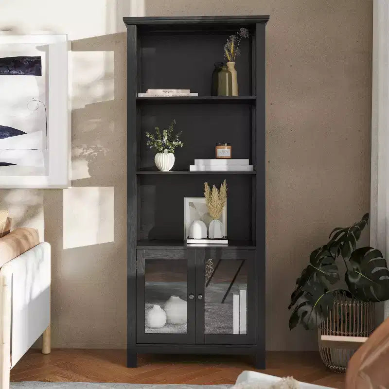 Flash Furniture Stella Modern Farmhouse Wooden Bookcase and Storage Cabinet with Tempered Glass Doors and 3 Upper Shelves