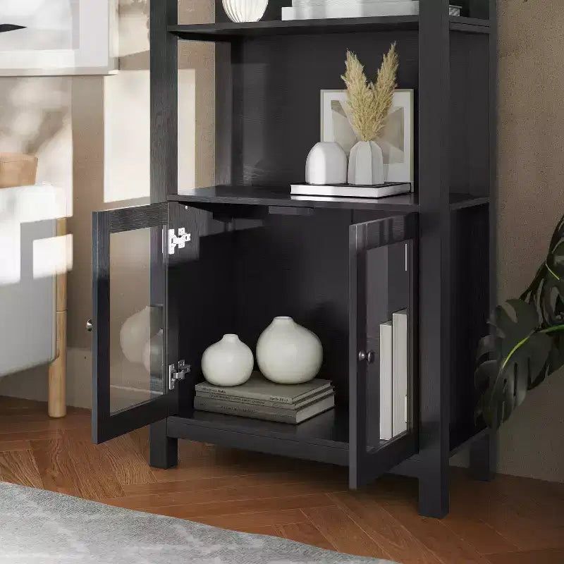 Flash Furniture Stella Modern Farmhouse Wooden Bookcase and Storage Cabinet with Tempered Glass Doors and 3 Upper Shelves