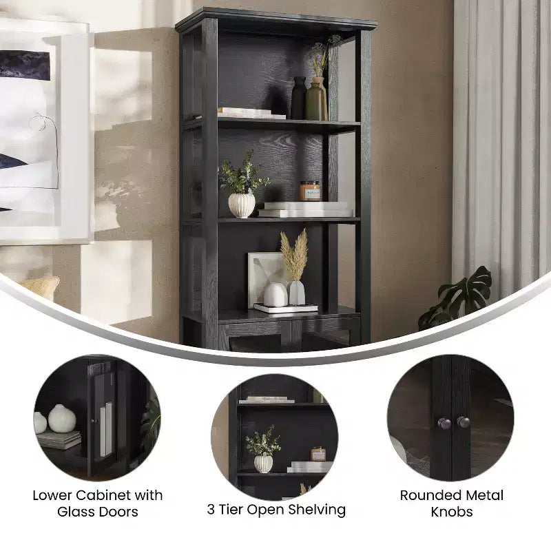 Flash Furniture Stella Modern Farmhouse Wooden Bookcase and Storage Cabinet with Tempered Glass Doors and 3 Upper Shelves
