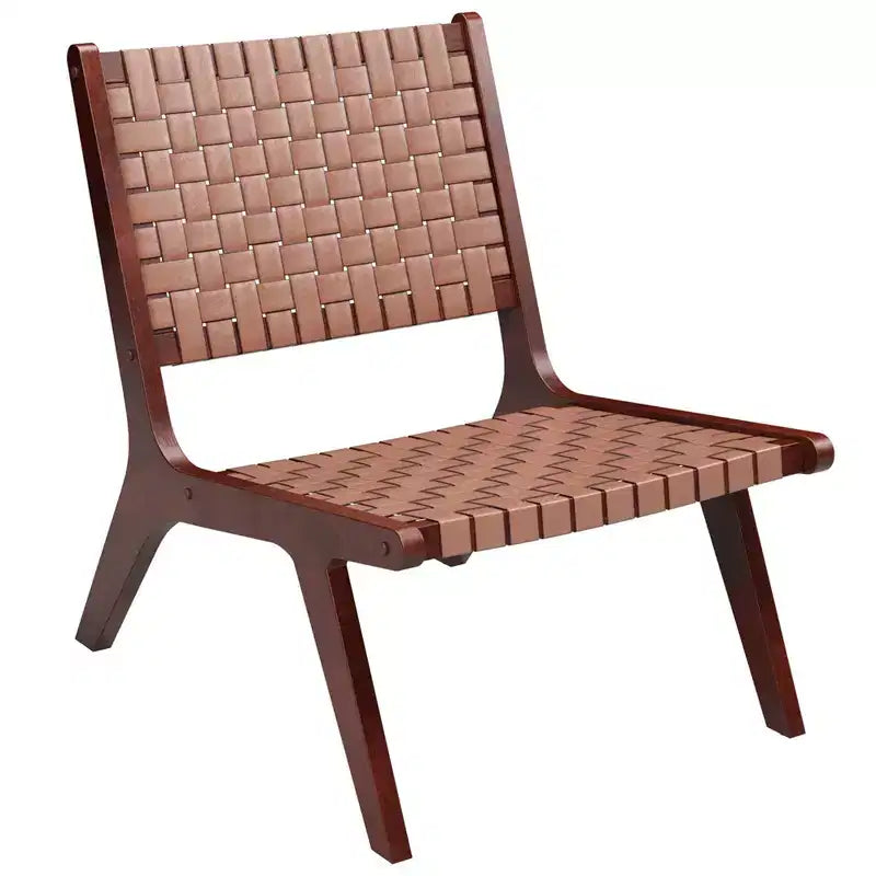 Costway Woven Leather Accent Chair Mid Century Rubber Wood Armless Side Chair