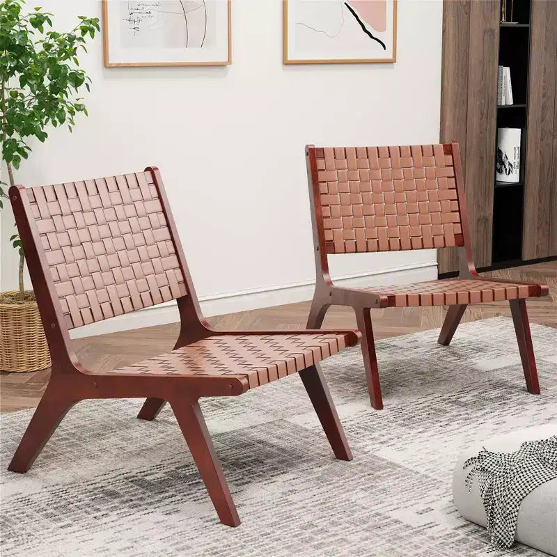 Costway Woven Leather Accent Chair Mid Century Rubber Wood Armless Side Chair