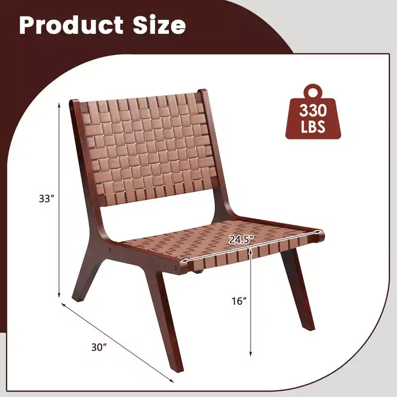 Costway Fauteuil d'appoint en cuir tressé, fauteuil d'appoint sans accoudoirs en bois d'hévéa, style milieu du siècle