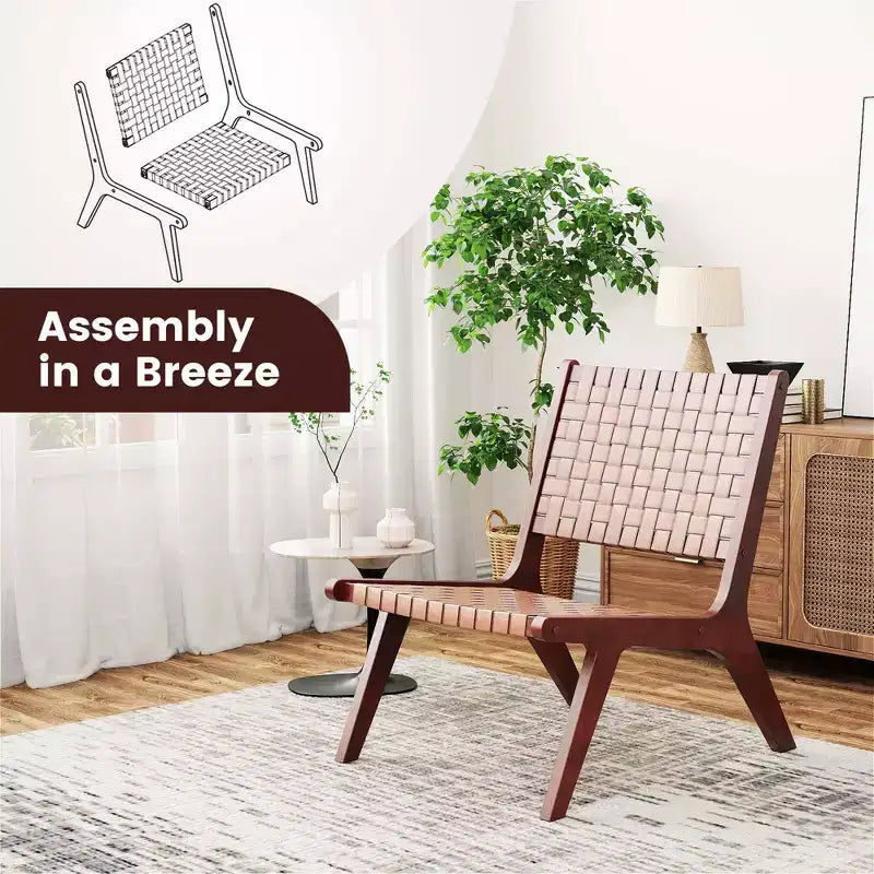 Costway Fauteuil d'appoint en cuir tressé, fauteuil d'appoint sans accoudoirs en bois d'hévéa, style milieu du siècle