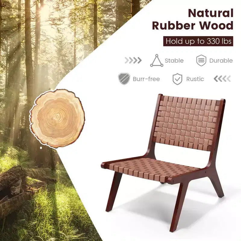Costway Fauteuil d'appoint en cuir tressé, fauteuil d'appoint sans accoudoirs en bois d'hévéa, style milieu du siècle
