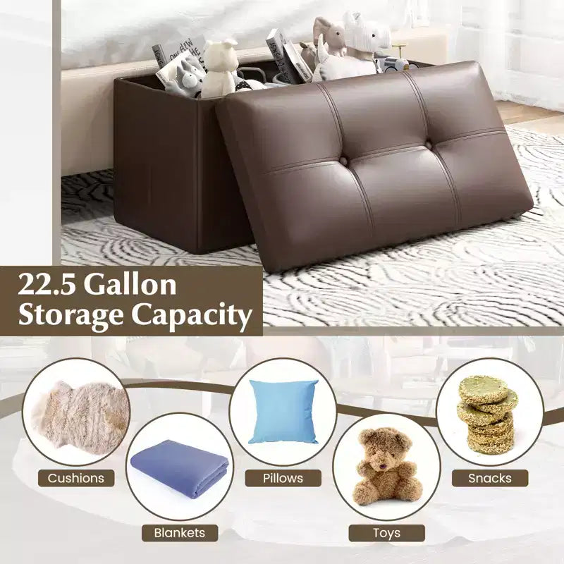Costway Folding Storage Ottoman Upholstered Rectangle Footstool PVC Leather 22.5 Gallon Black/Brown/White