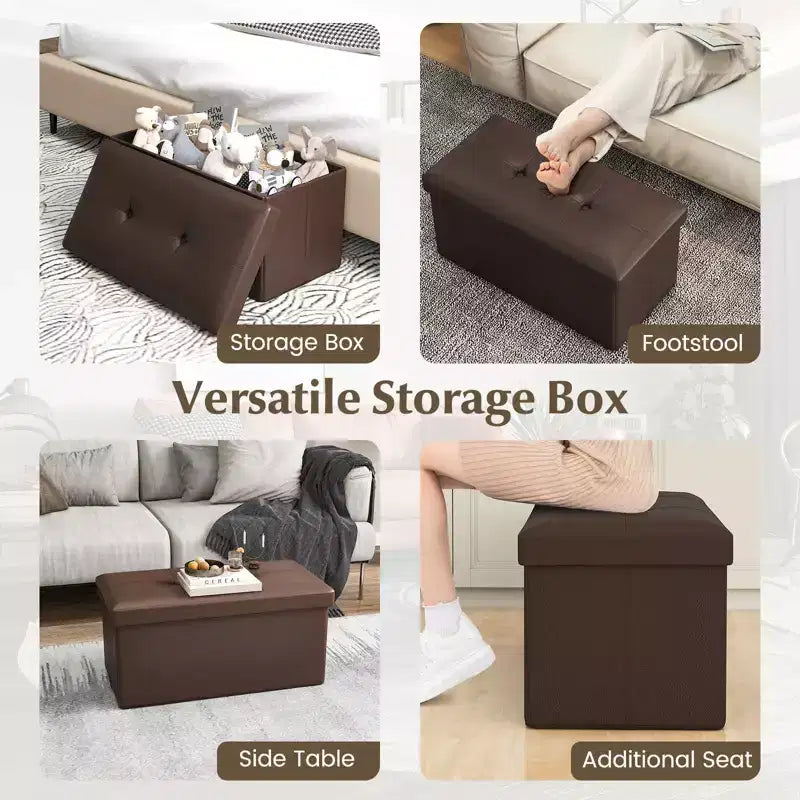 Costway Folding Storage Ottoman Upholstered Rectangle Footstool PVC Leather 22.5 Gallon Black/Brown/White